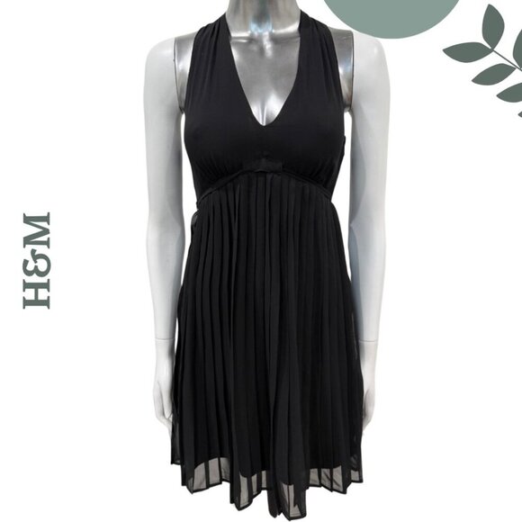 H&M Black Pleated Chiffon Cocktail Dress | Sleeveless Little Black Dress Size 2 - Picture 1 of 7
